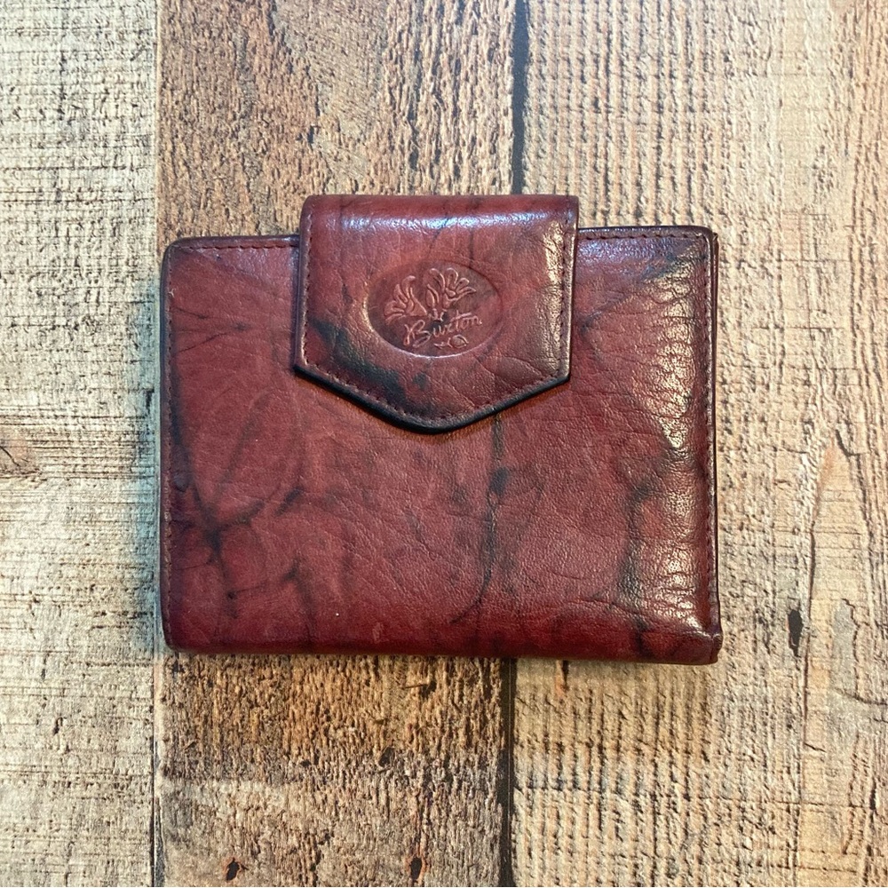 Buxton Vintage Marbled Mahogany Leather Bifold‎ Kisslock Coin Pouch Wallet